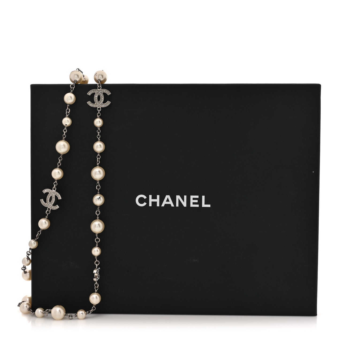 Crystal Pearl CC Long Necklace Silver