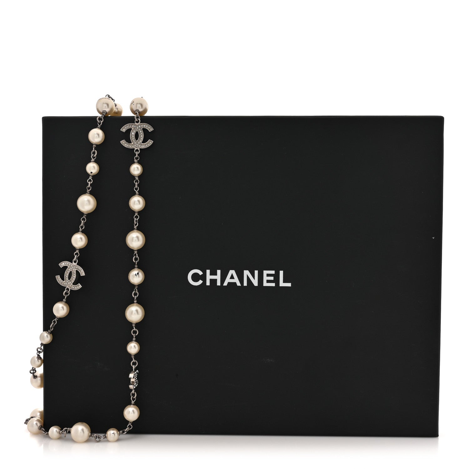 Chanel Crystal Pearl CC Long Necklace Silver 7 of 7