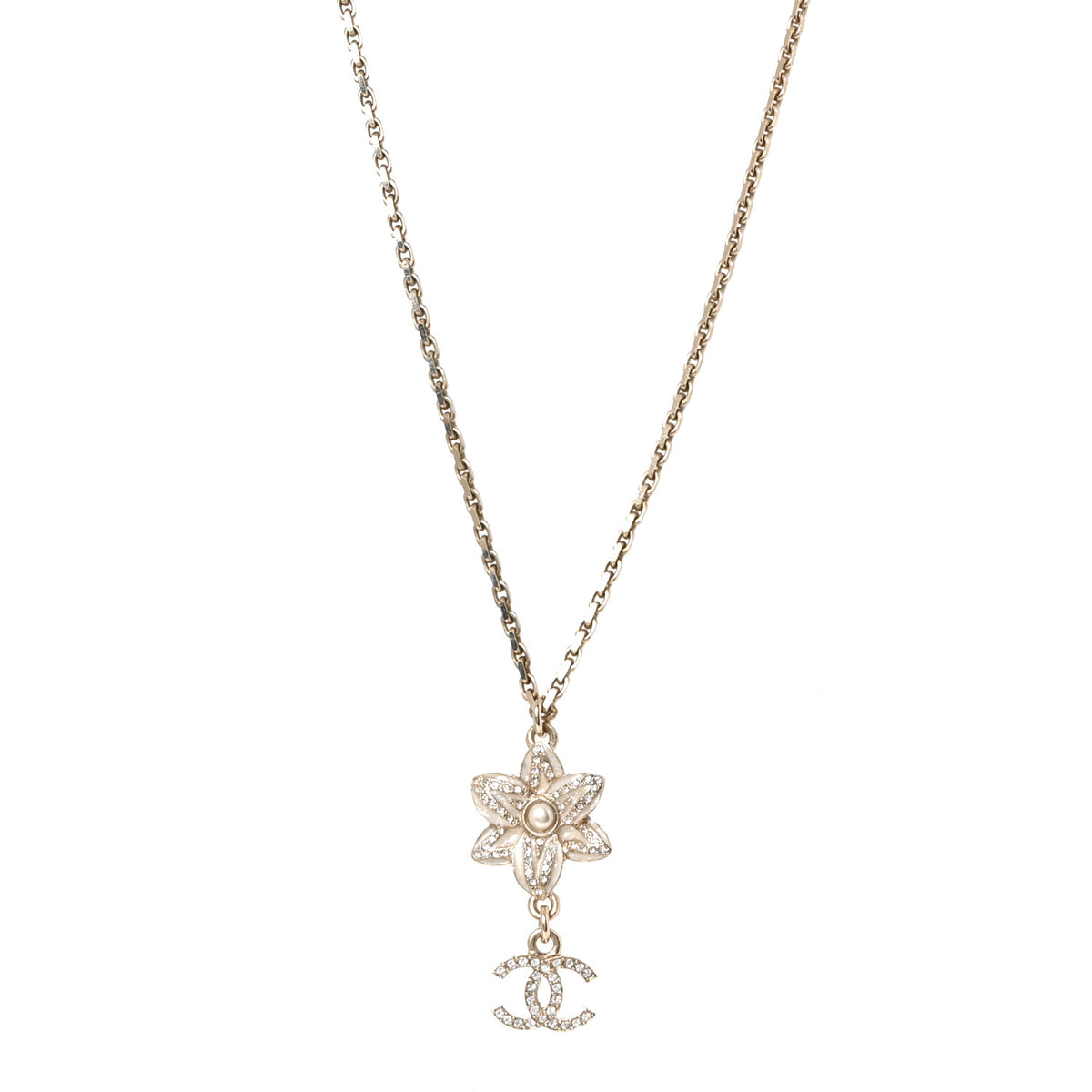 Chanel Enamel Crystal CC Camellia Flower Necklace Gold White 1 of 5