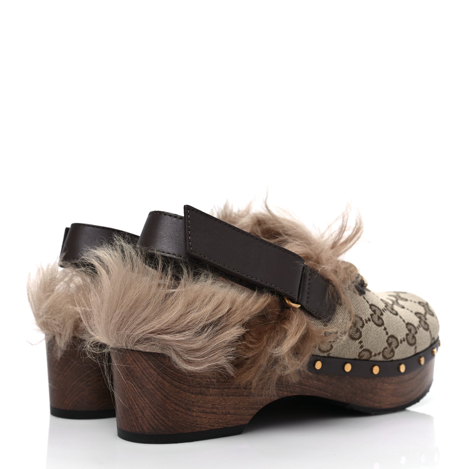 Gucci Monogram Calfskin Fur Horsebit Amstel Slingback Clogs 38.5 Beige Ebony New Acero Naturale 4 of 6