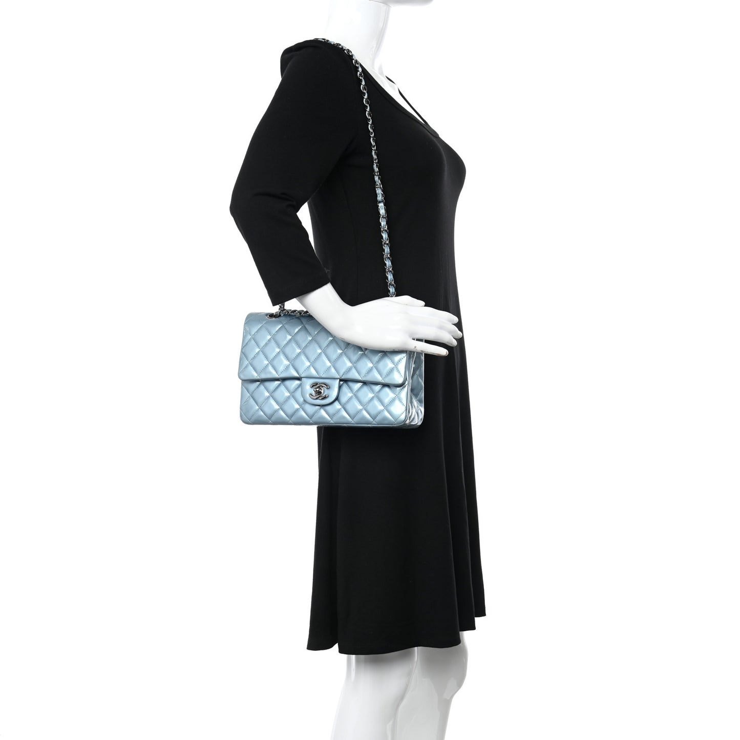 Patent Calfskin Quilted Medium Double Flap Turquoise