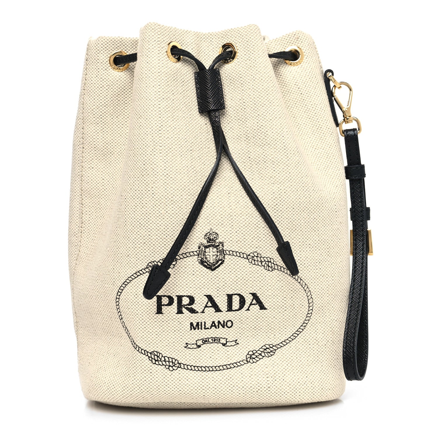 Prada Canvas Saffiano Bucket Wristlet Naturale Black 1 of 11