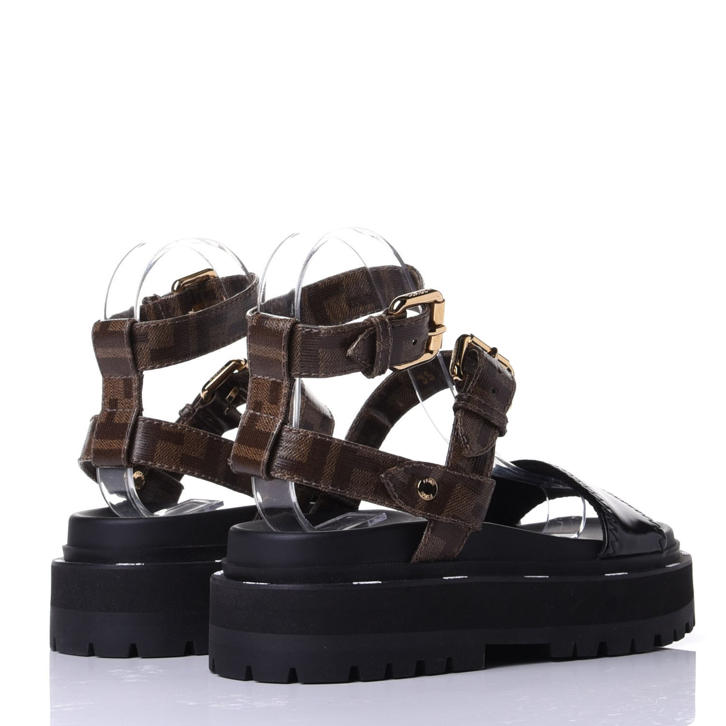 Patent Glazed Fabric FF Strappy Platform Sandals 35 Black