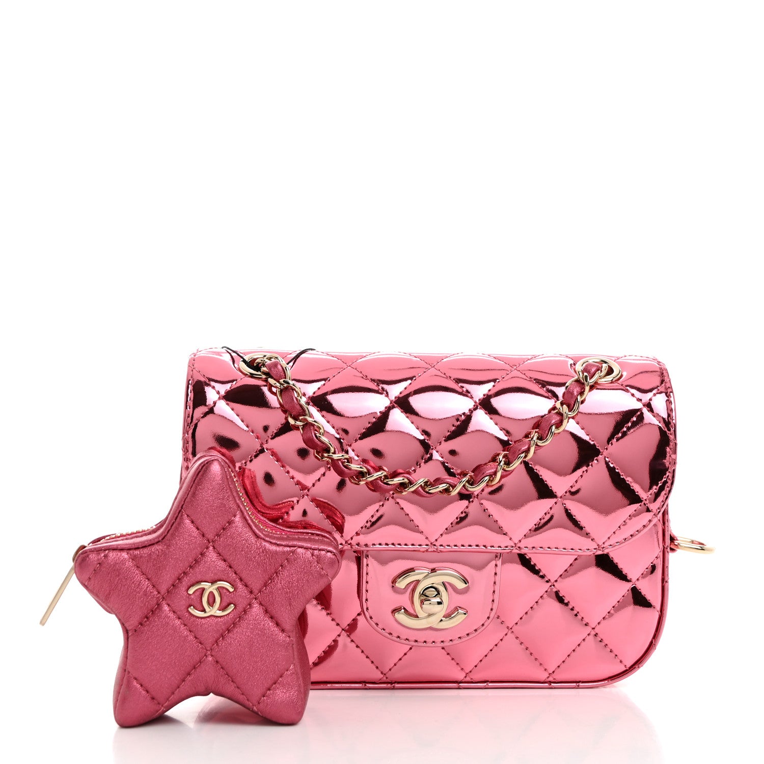 Chanel Mirror Calfskin Metallic Lambskin Quilted Hollywood Boulevard Mini Flap With Star Coin Purse Pink 3 of 11