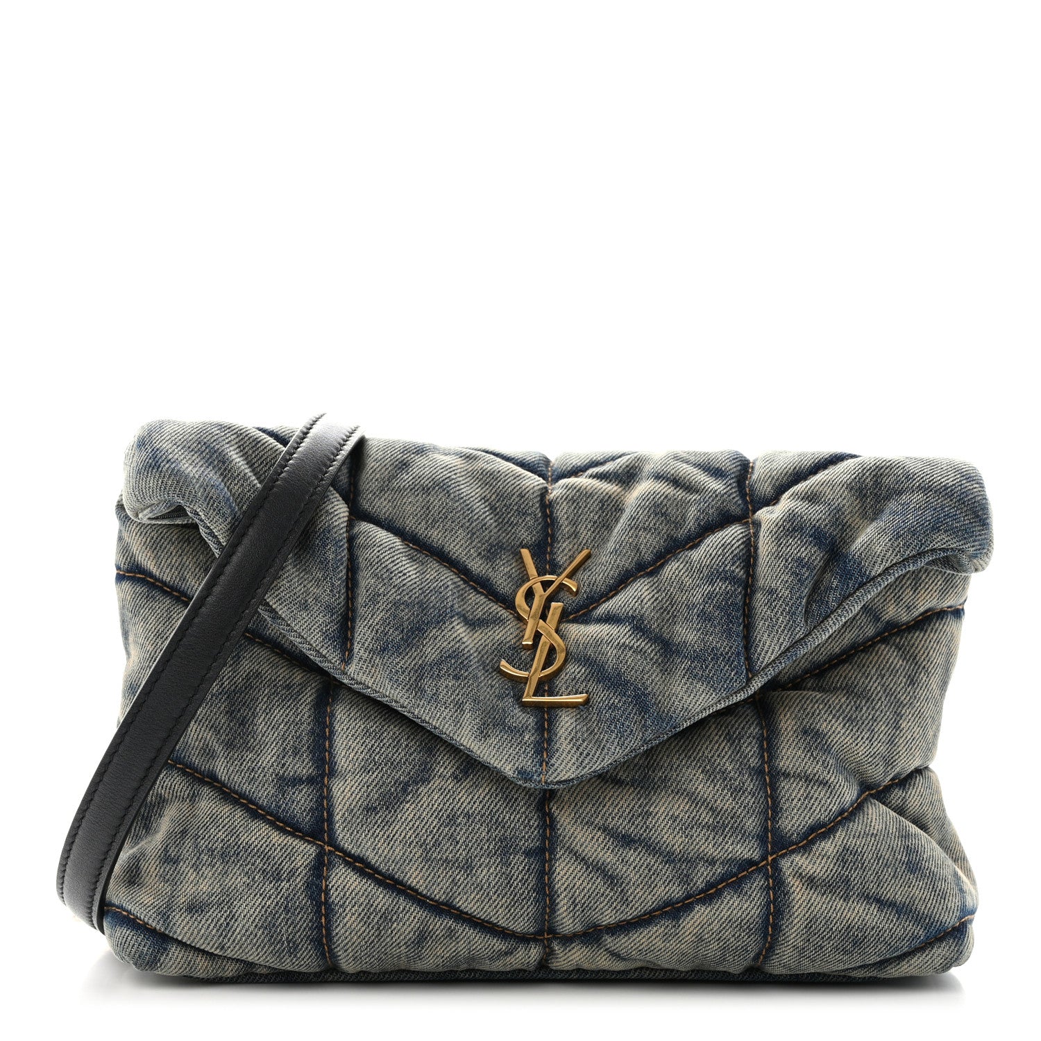 Saint Laurent Denim Quilted Toy Loulou Puffer Monogram Chain Satchel Blue Black 1 of 10
