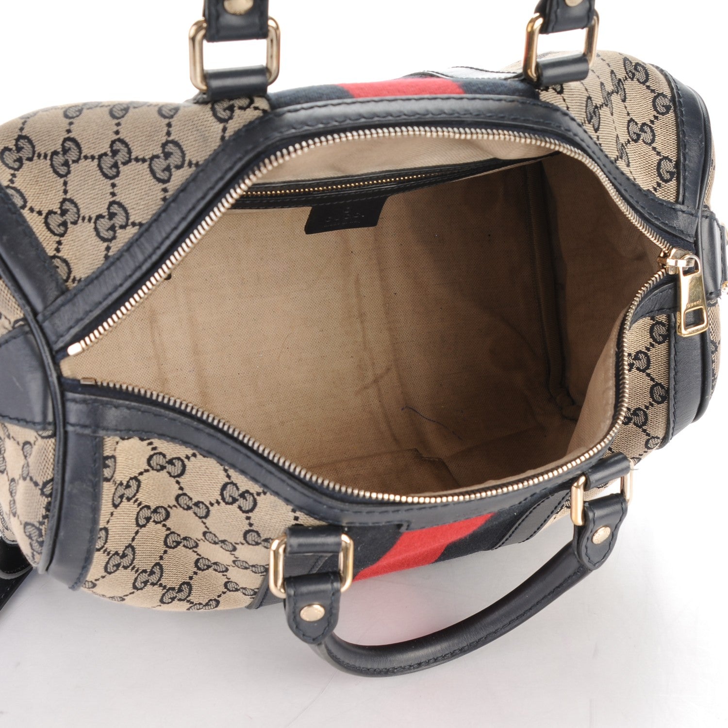 Gucci Monogram Selleria Calfskin Vintage Web Medium Boston Beige Blue 5 of 10