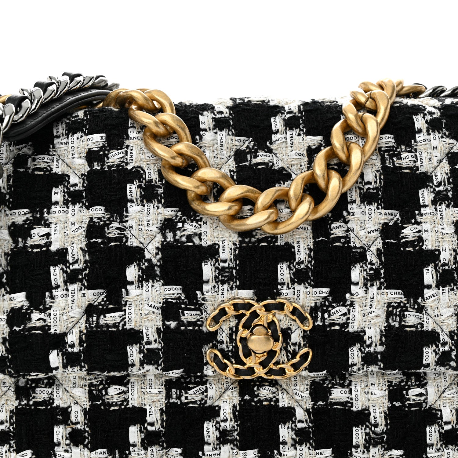 Chanel Tweed Quilted Large Chanel 19 Flap Black Ecru White 8 of 10