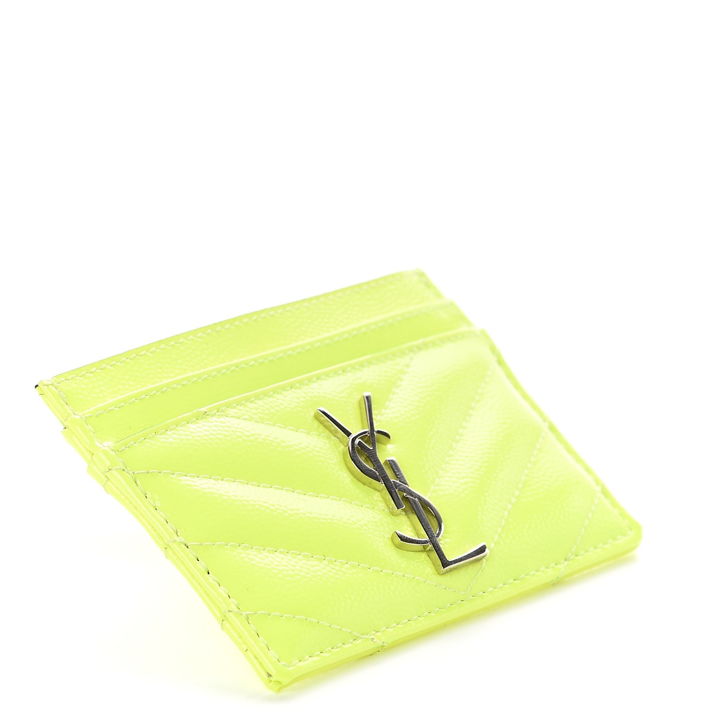 Patent Grain De Poudre Matelasse Chevron Monogram Credit Card Case Neon Yellow