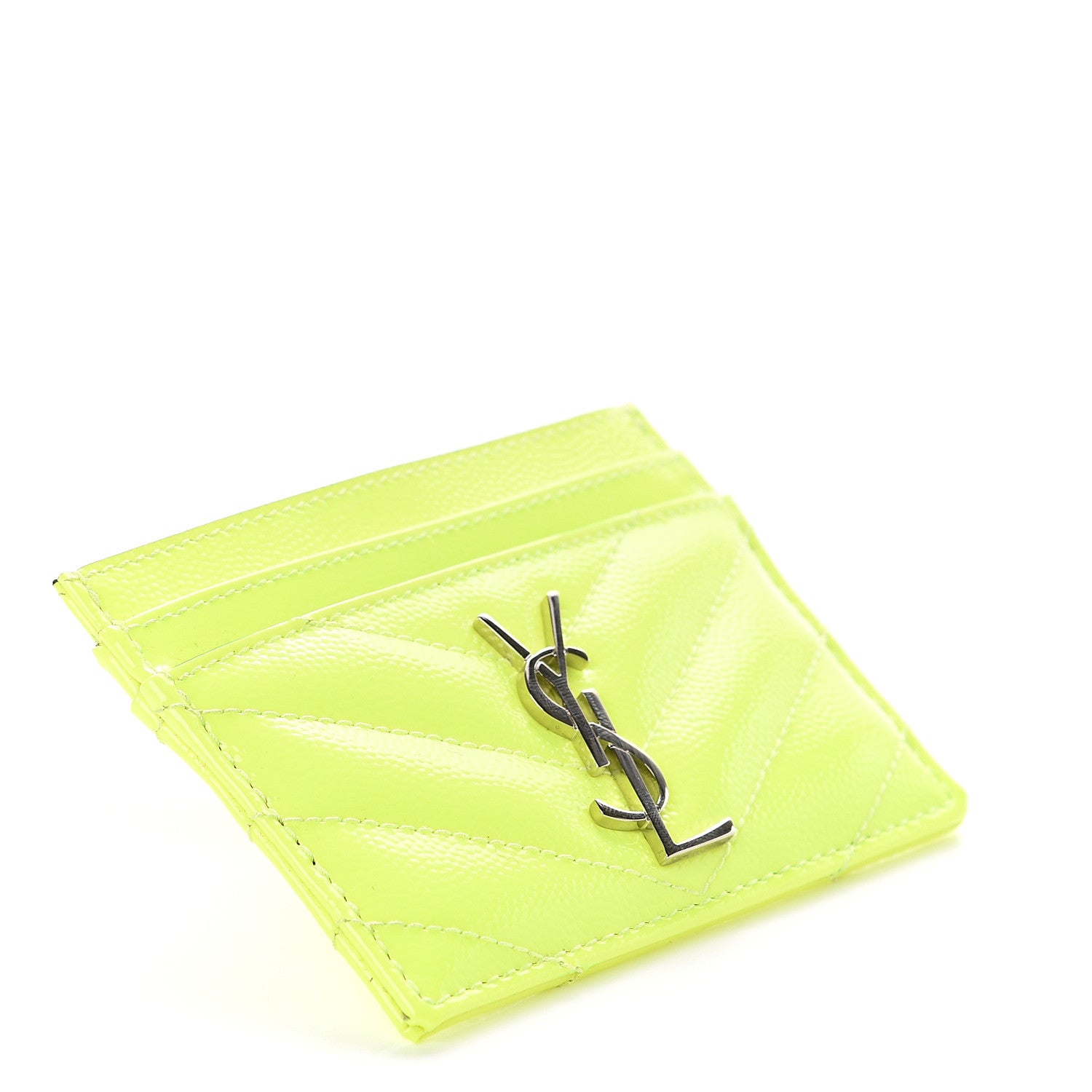 Saint Laurent Patent Grain De Poudre Matelasse Chevron Monogram Credit Card Case Neon Yellow 3 of 6