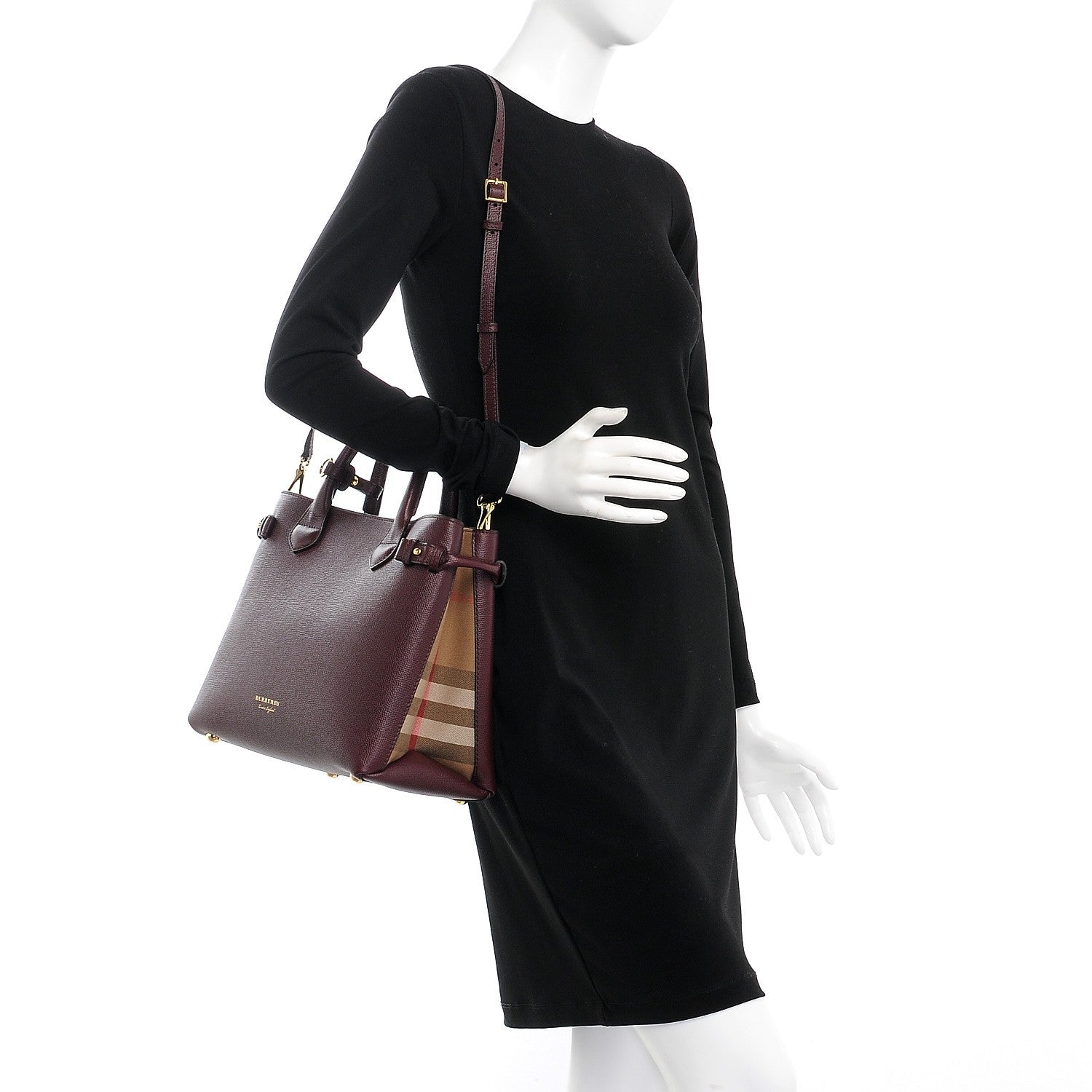 Burberry Grainy Calfskin House Check Medium Banner Tote Mahogany Red 2 of 9