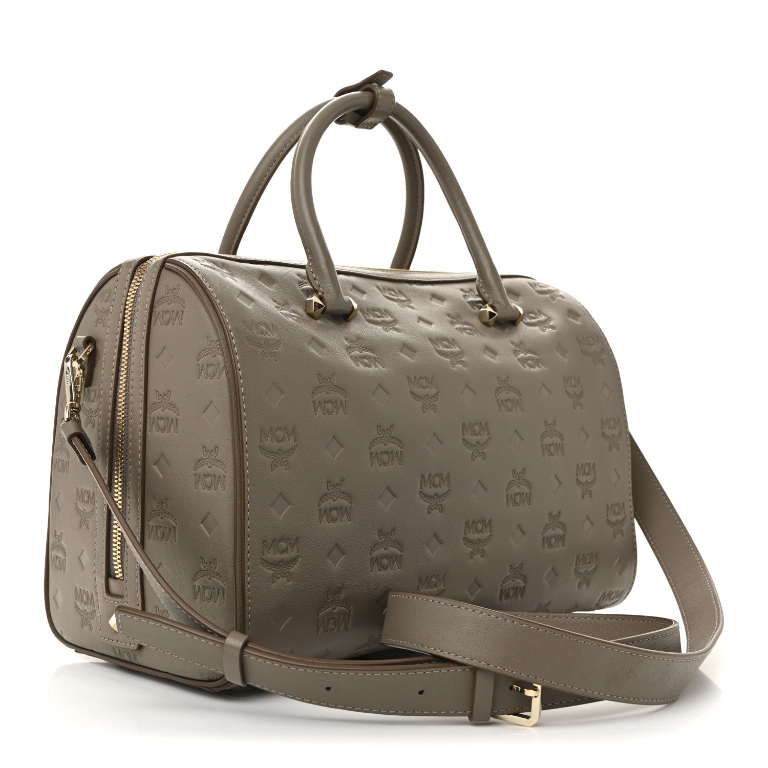 MCM Calfskin Ottomar Monogram Essential Boston Bag Dove Grey 3 of 12