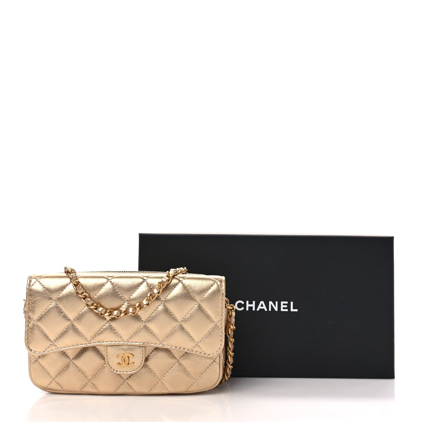 Metallic Lambskin Quilted Flap Phone Holder With Chain Gold
