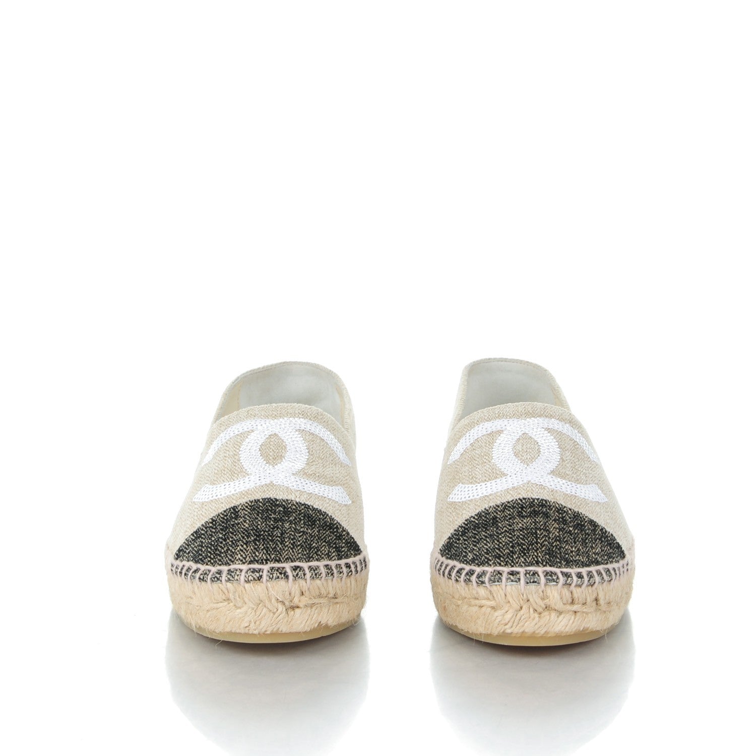 Chanel Toile Sequin CC Espadrilles 37 Beige Black 2 of 9