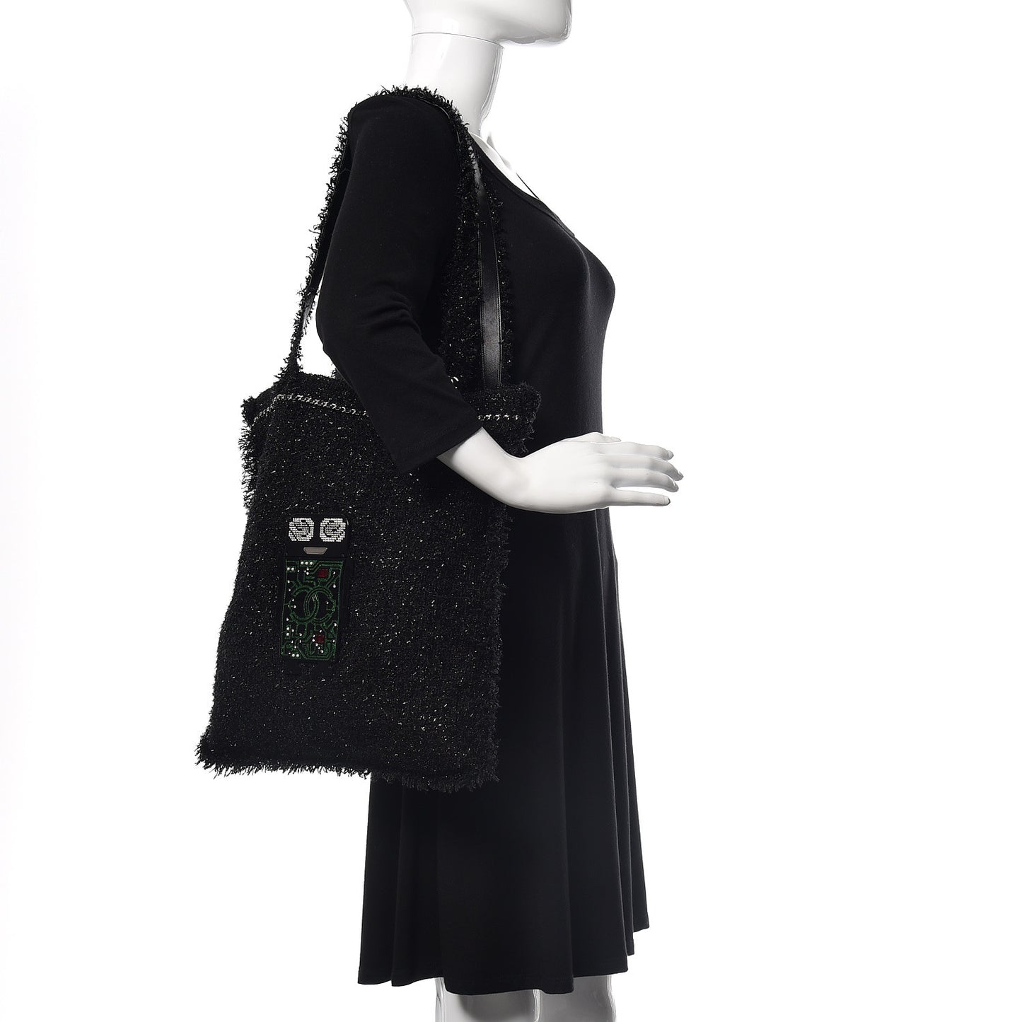 Tweed Resin Strass Large Robot Shopping Bag Black
