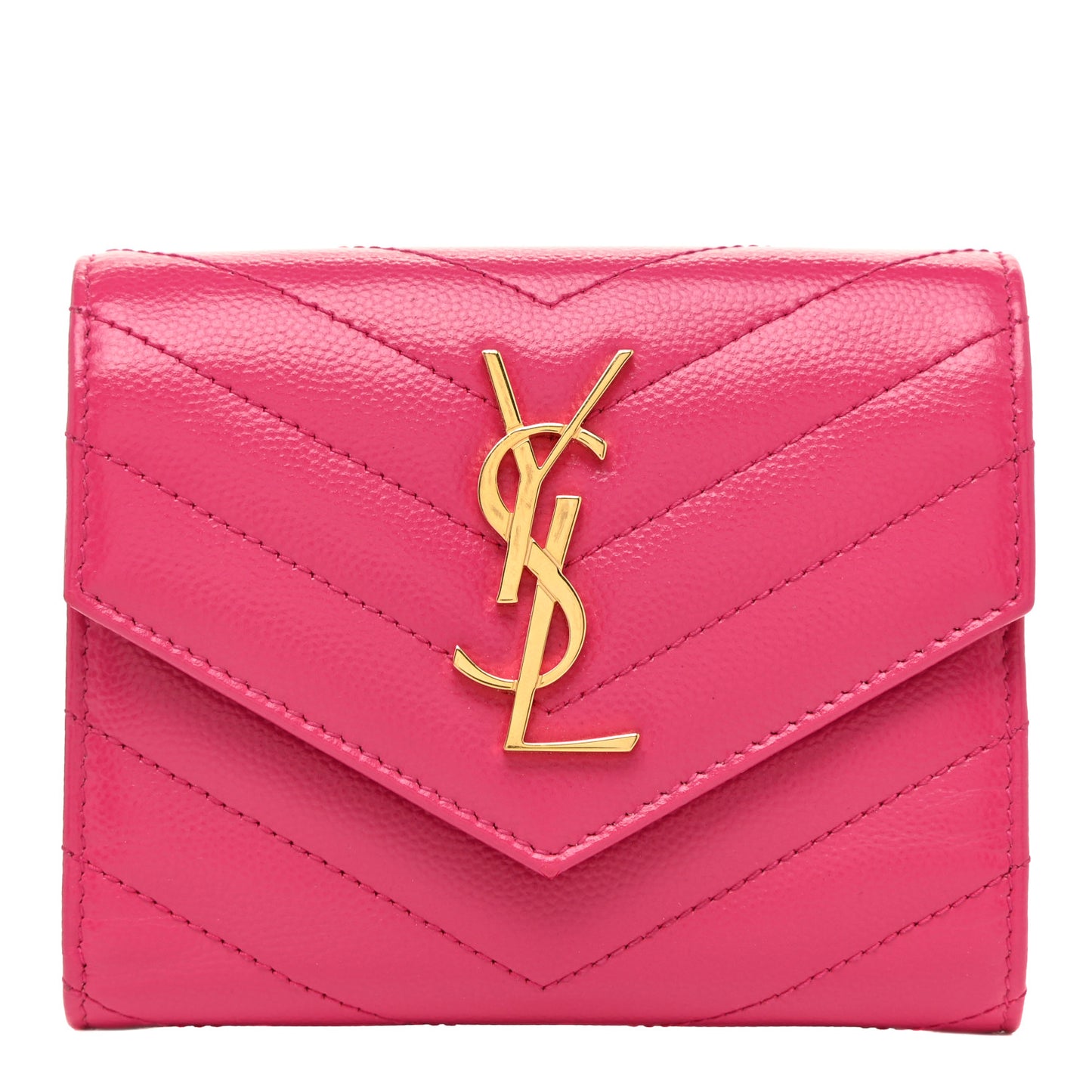 Grain De Poudre Matelasse Chevron Monogram Compact Tri Fold Wallet Fuschia