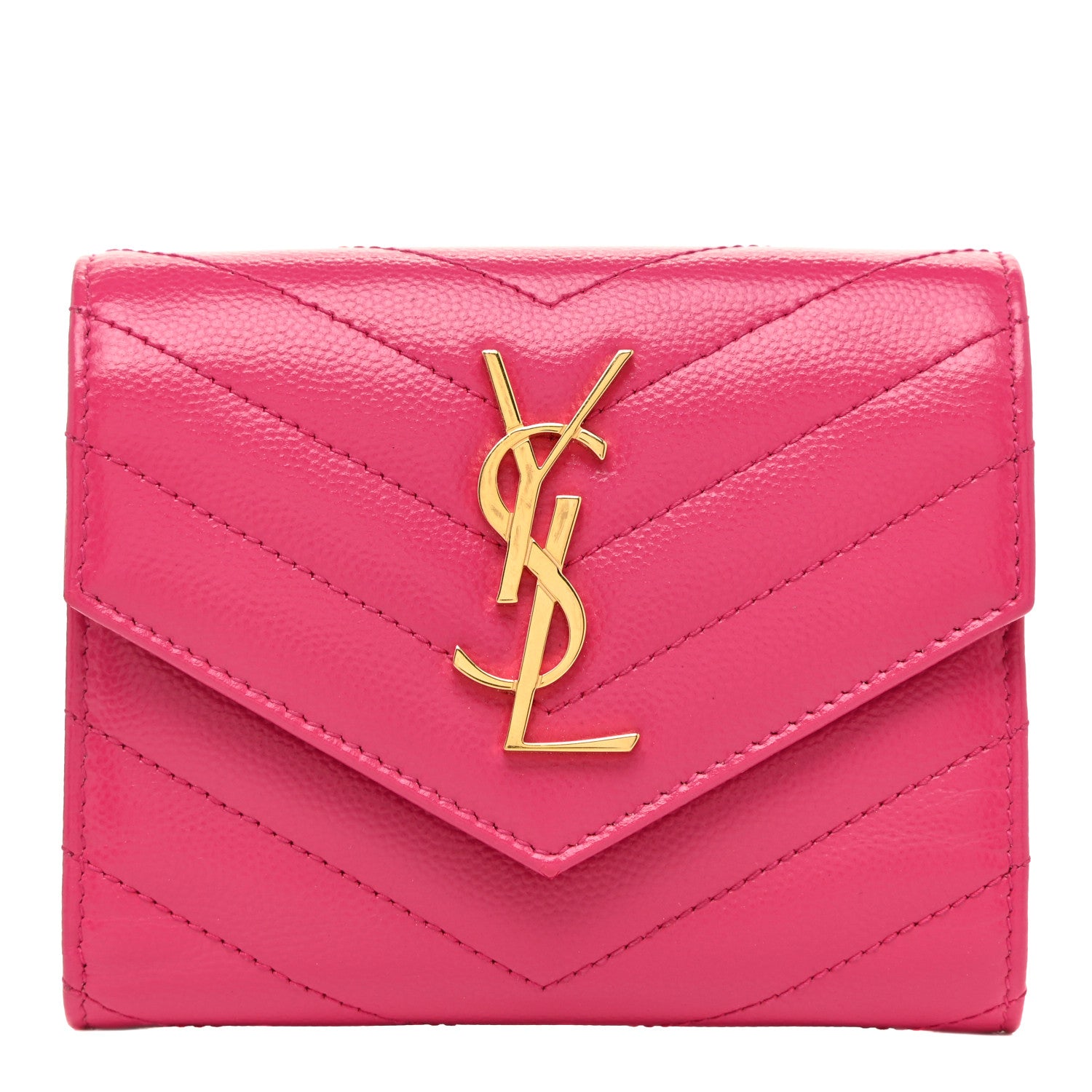 Saint Laurent Grain De Poudre Matelasse Chevron Monogram Compact Tri Fold Wallet Fuschia 1 of 13
