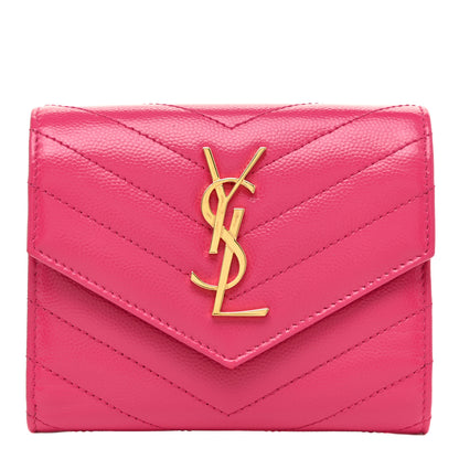 Saint Laurent Grain De Poudre Matelasse Chevron Monogram Compact Tri Fold Wallet Fuschia 1 of 13
