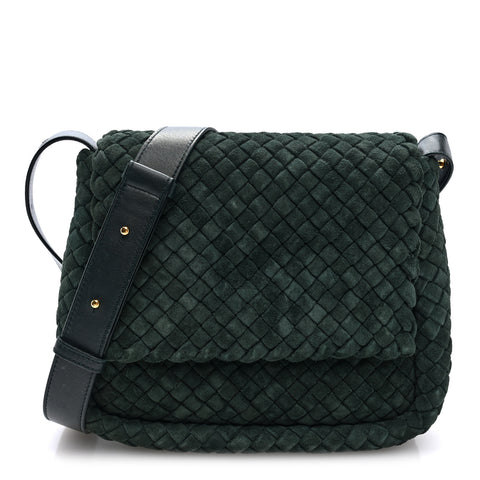 Suede Intrecciato Small Cobble Messenger Bag Emerald Green