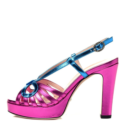 Gucci Metallic Nappa Crystal Zephyra Slingback Platform High Heel Sandals 36.5 Fuchsia Dark Turquoise 1 of 13