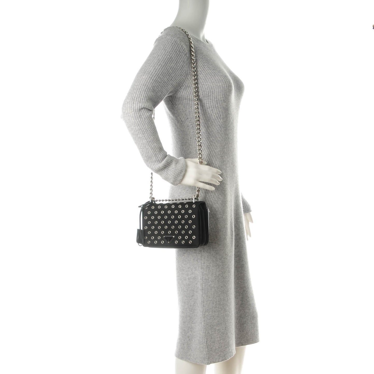 Tessuto Nylon Soft Calf Grommet Chain Shoulder Bag Nero Black