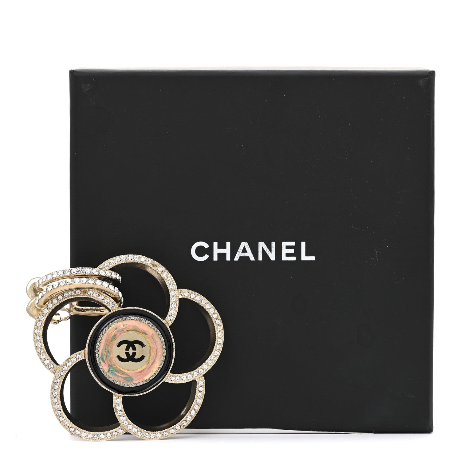 Chanel Resin Crystal CC Camellia Drop Single Clip On Earring Gold Black 8 of 8