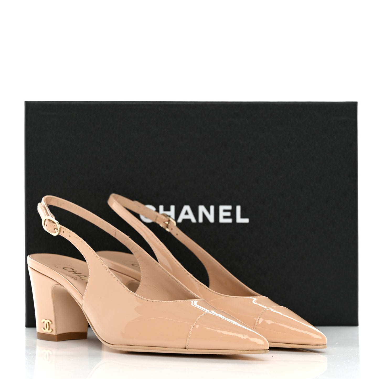 Patent Calfskin Cap Toe CC Slingback Pumps 36.5 Beige