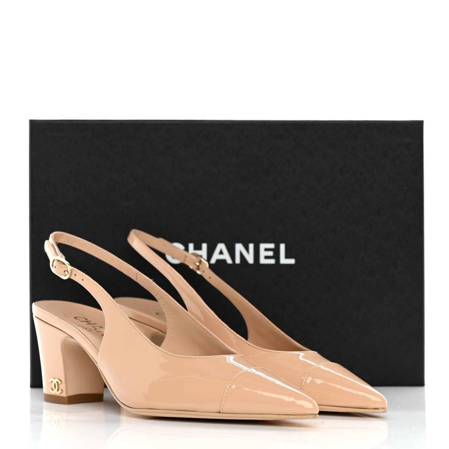 Chanel Patent Calfskin Cap Toe CC Slingback Pumps 36.5 Beige 11 of 11