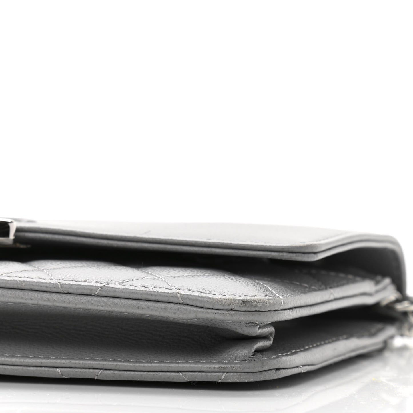 Grained Calfskin Quilted CC Box Wallet On Chain WOC Grey