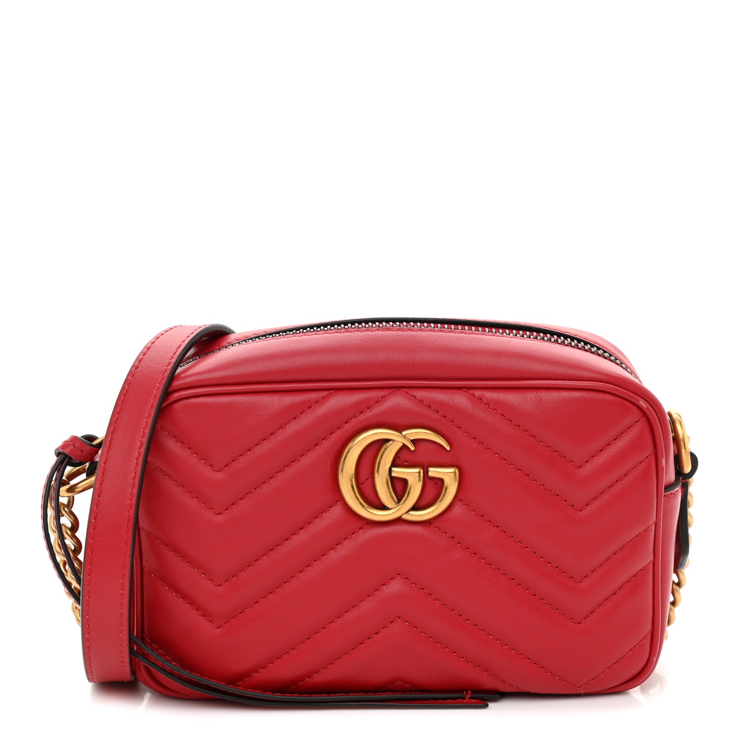 product image GUCCI Calfskin Matelasse Mini GG Marmont Chain Shoulder Bag Hibiscus Red FASHIONPHILE