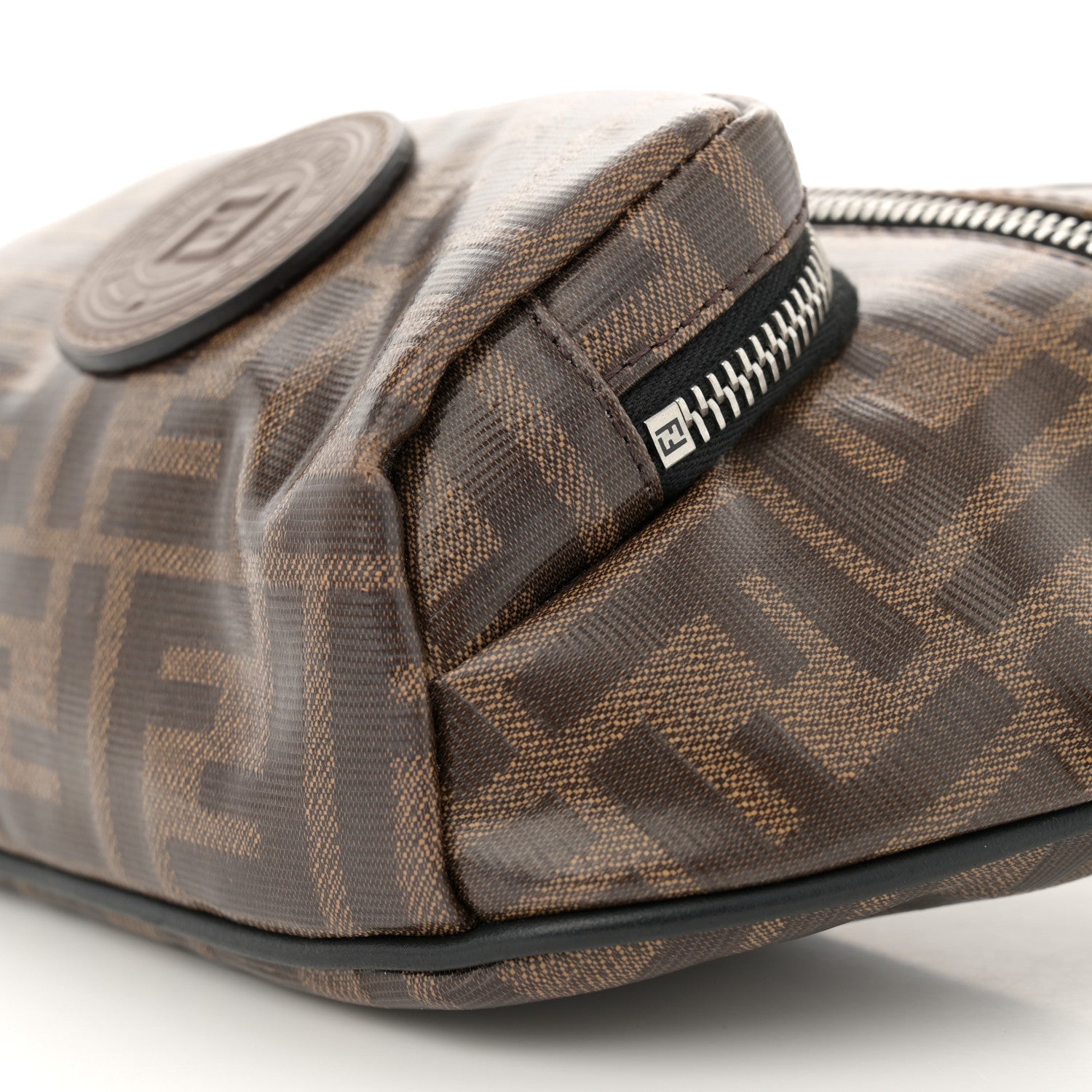 Fendi Glazed Fabric Vitello Century FF 1974 Stamp Patch Mens Pocket Belt Bag Mogano Panna Black 10 of 10