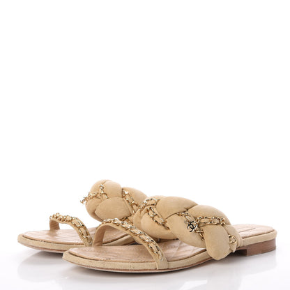 Chanel Kid Suede Braided Chain CC Slide Flat Sandals 38 Beige 3 of 18