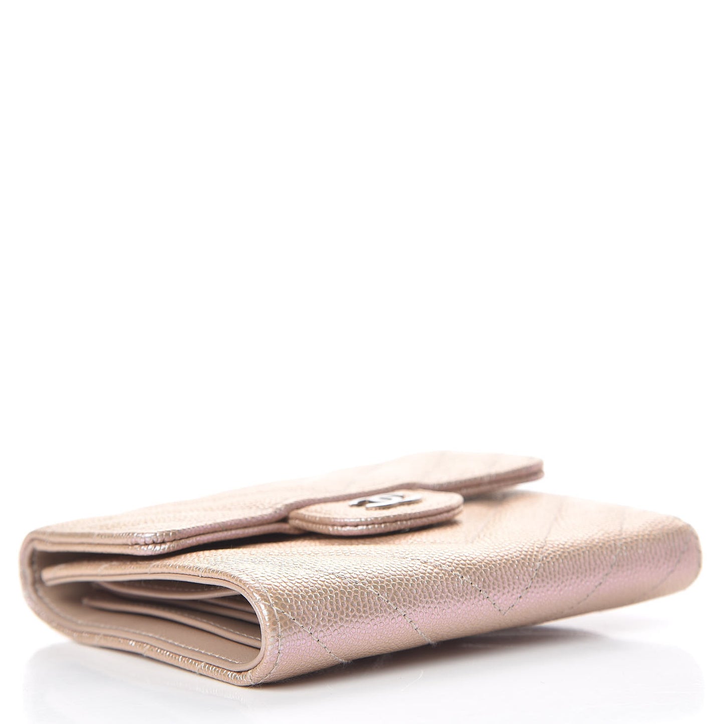 Metallic Caviar Chevron Quilted Compact Flap Wallet Light Gold