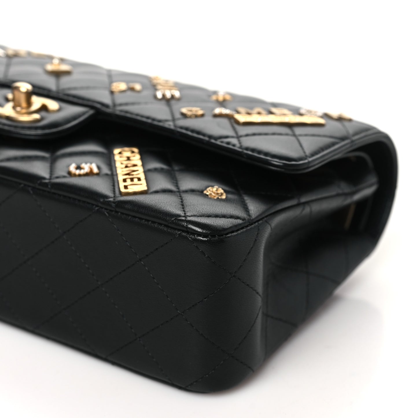 Lambskin Quilted Medium Rue Cambon Charms Double Flap Black