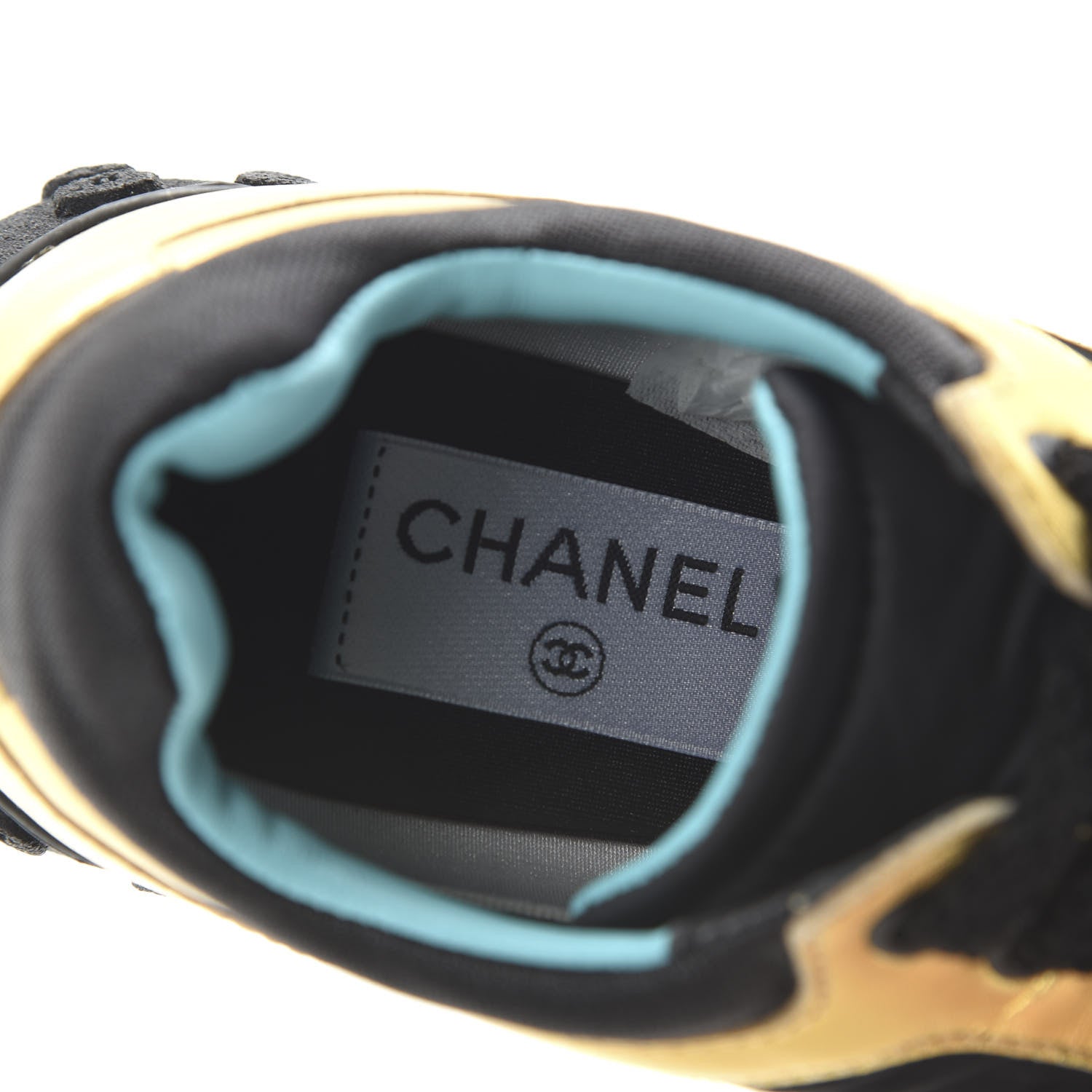 Chanel Metallic Lambskin Satin Finish Womens CC Sneakers 36 Black Gold 7 of 9
