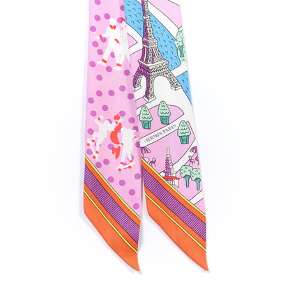 Hermes Silk Les Nouveaux Amoureux de Paris Twilly Rose Buvard White Vert 2 of 4