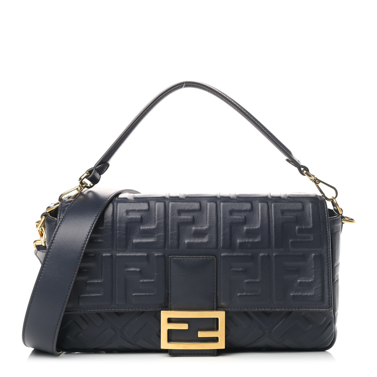 Fendi Nappa FF 1974 Embossed Large Baguette Midnight 1 of 8