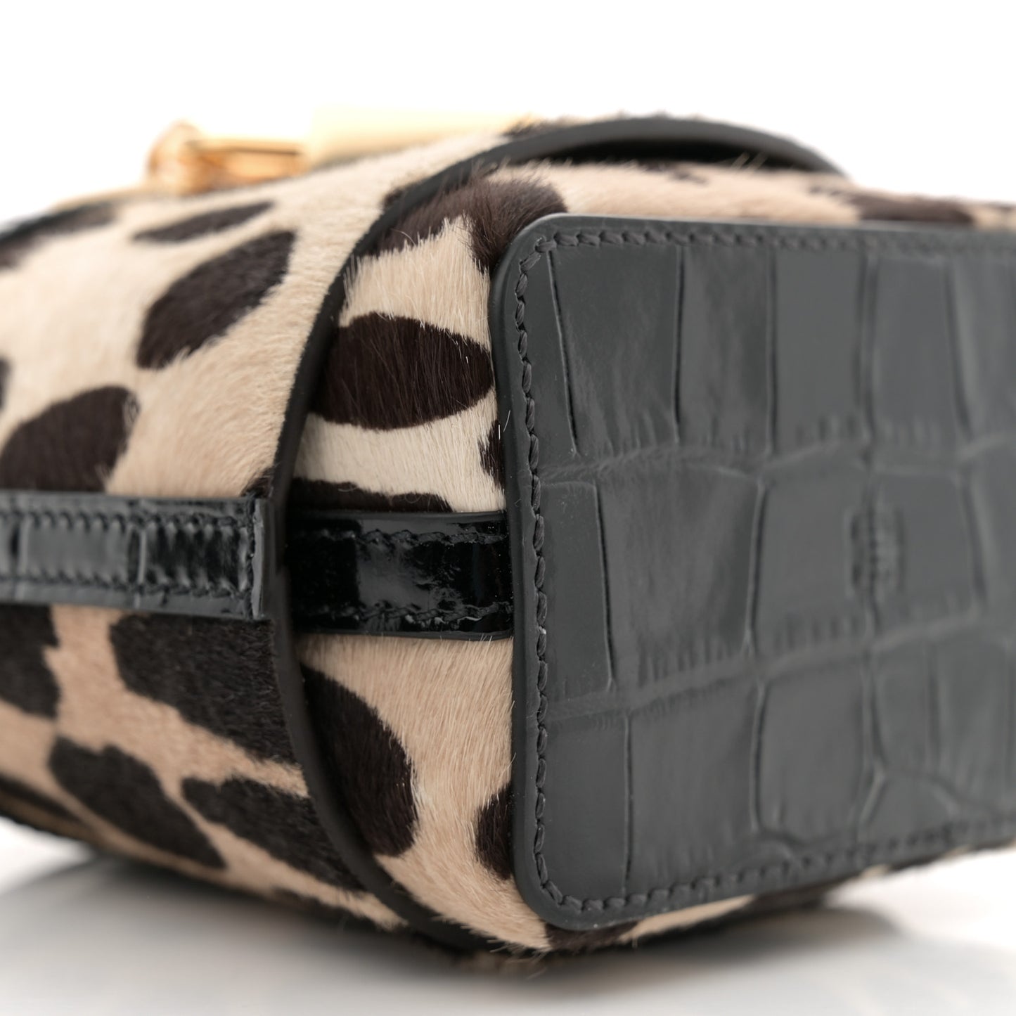 Pony Calfskin Micro Leopard Print Shark Lock Bucket Bag Black Beige