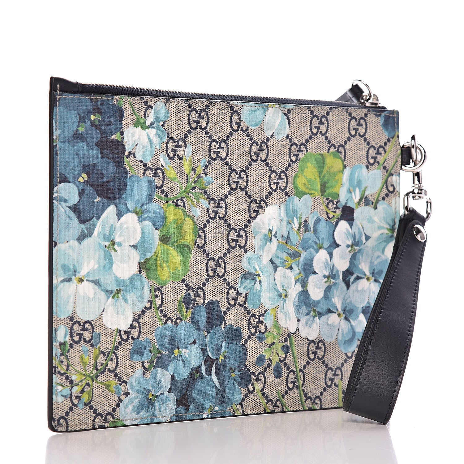 Gucci GG Supreme Monogram Blooms Small Zip Wristlet Pouch Beige Blue Black 3 of 8