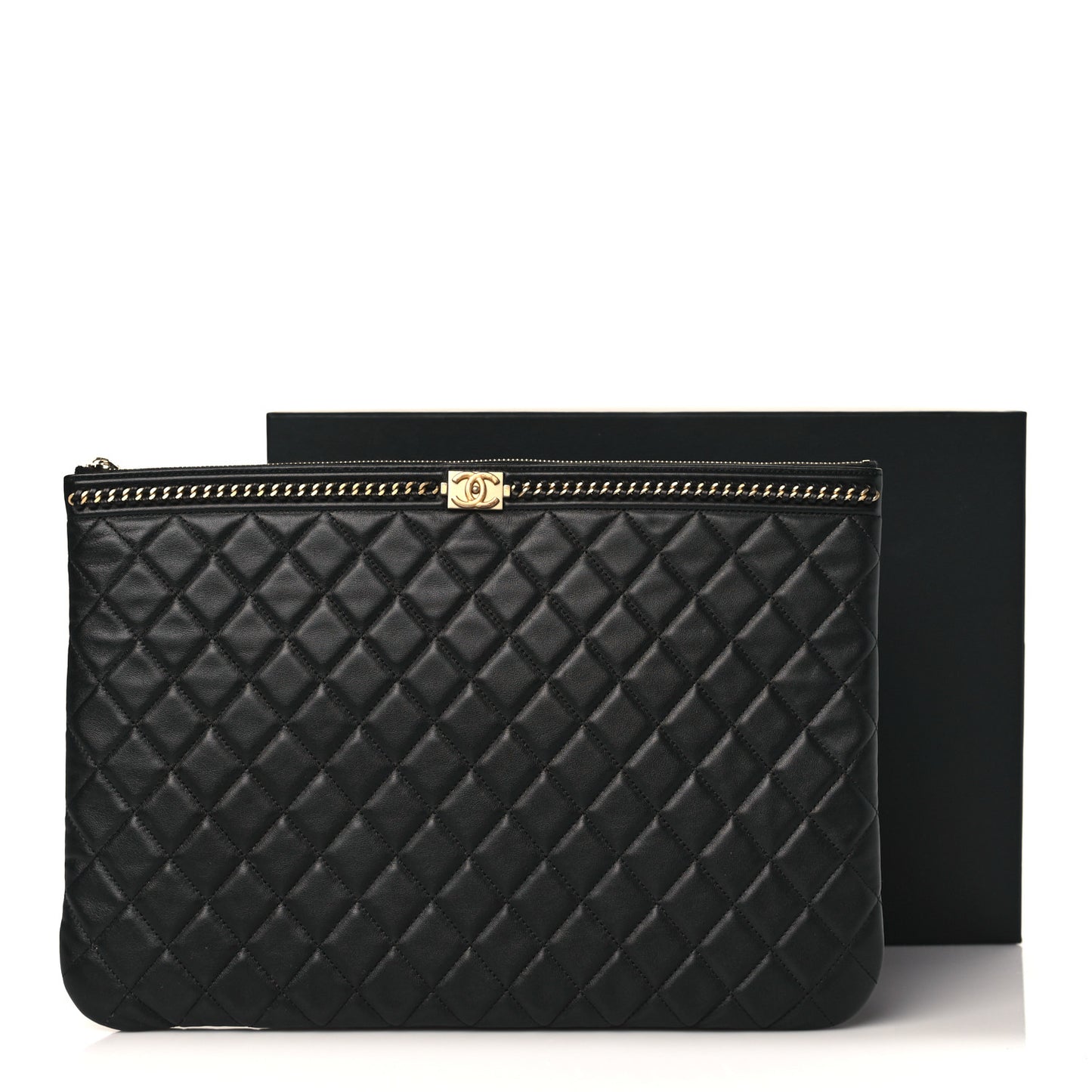 Calfskin Quilted Large Boy Chain Around Cosmetic Case Black