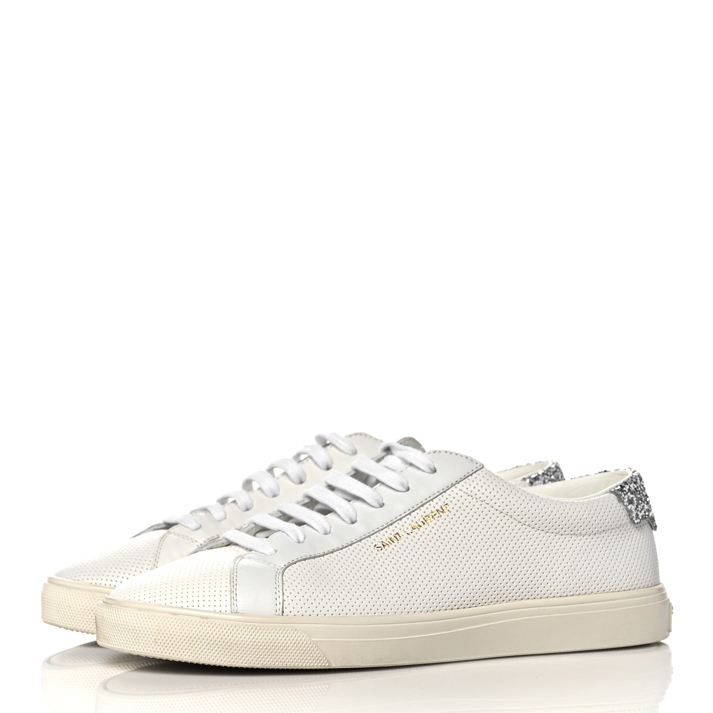 Perforated Calfskin Glitter Andy Low Top Sneakers 37.5 White Silver