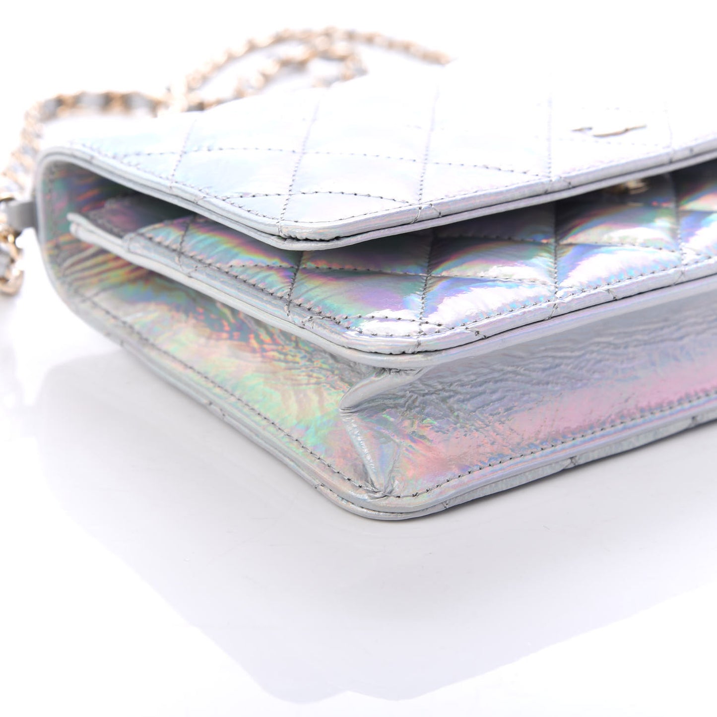 Iridescent Goatskin Quilted Wallet On Chain WOC Silver