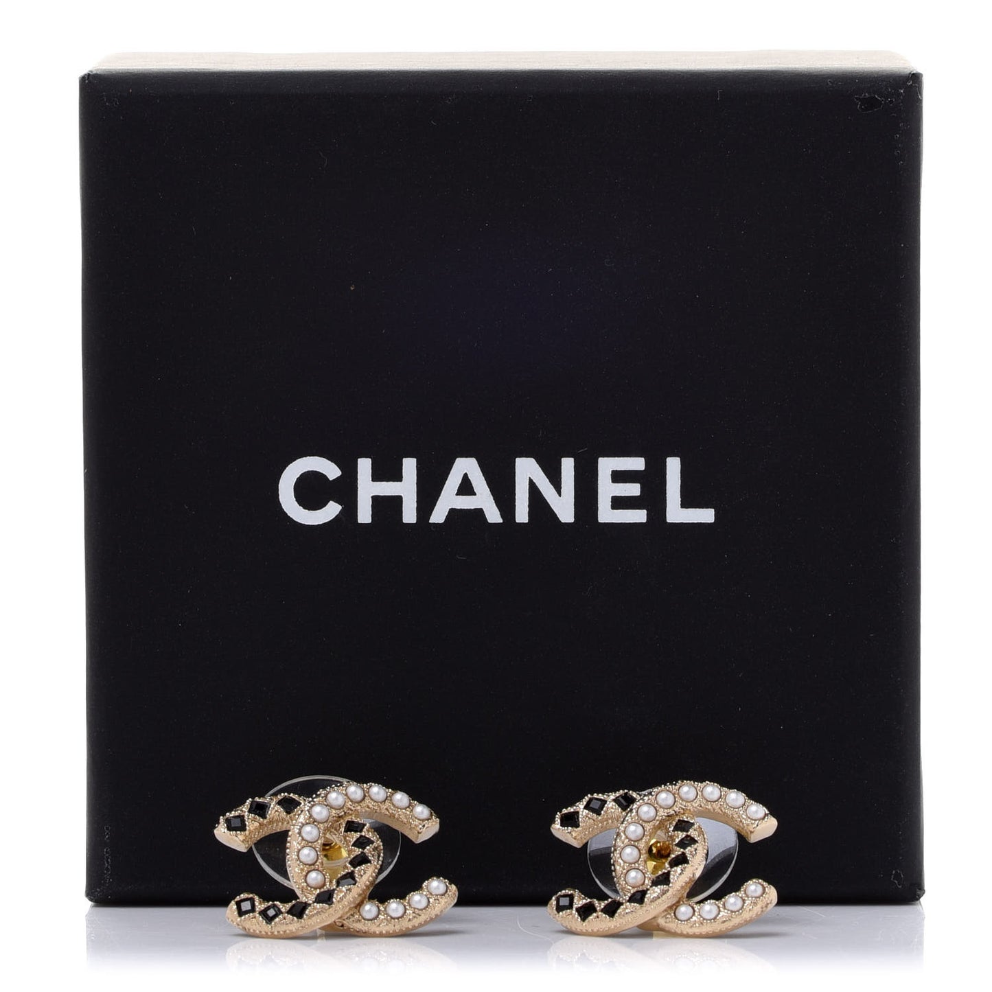 Resin Pearl CC Earrings Gold Black
