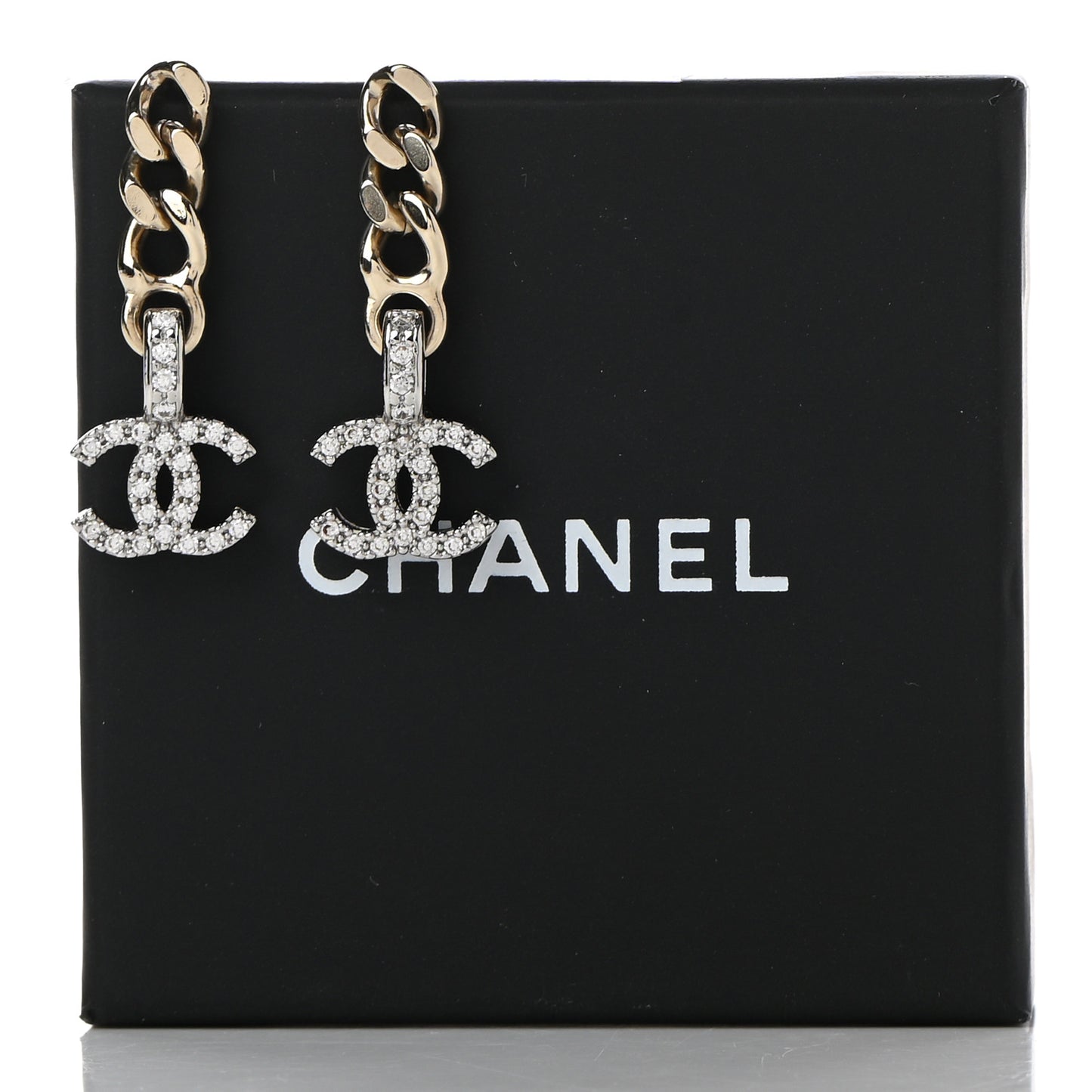 Metal Crystal CC Chain Drop Earrings Gold
