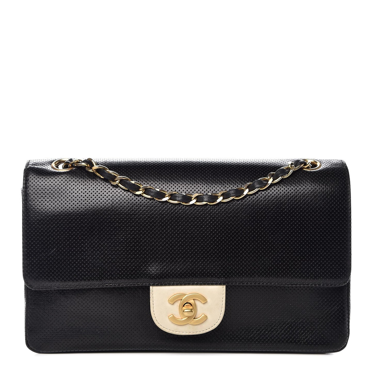 Lambskin Perforated Medium Single Flap Bag Black White