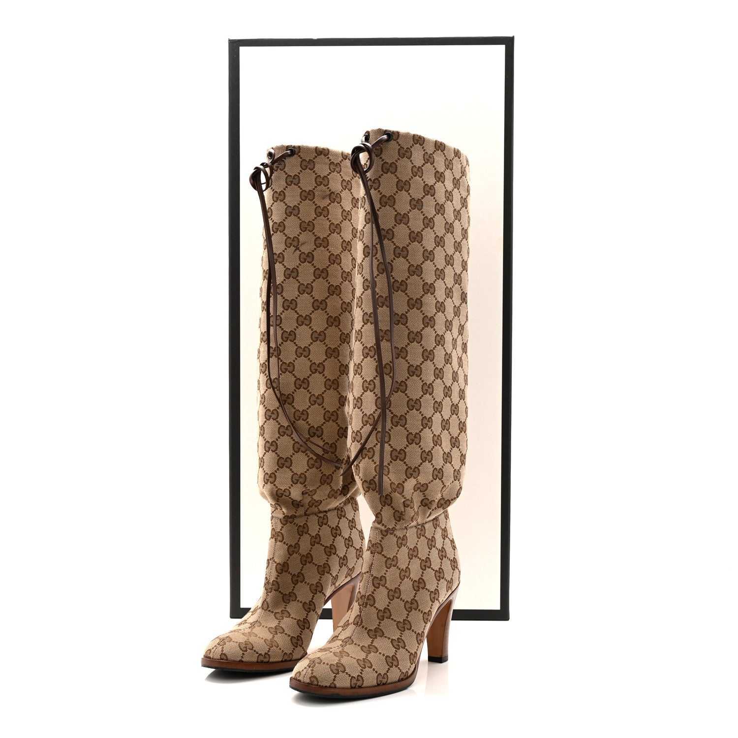 Gucci Monogram Malaga Kid Lisa Mid Heel Boots 37.5 Beige Ebony 10 of 10