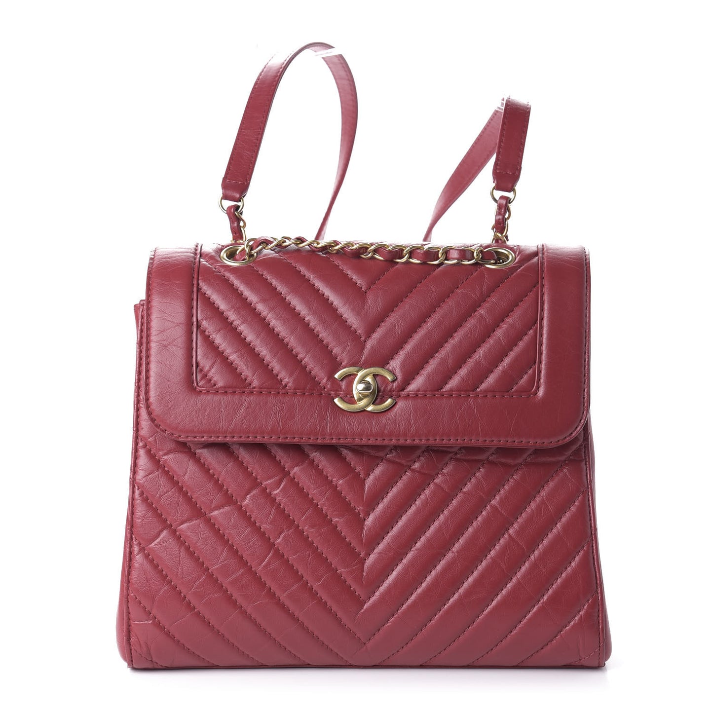 Aged Calfskin Chevron Quilted Backpack Red