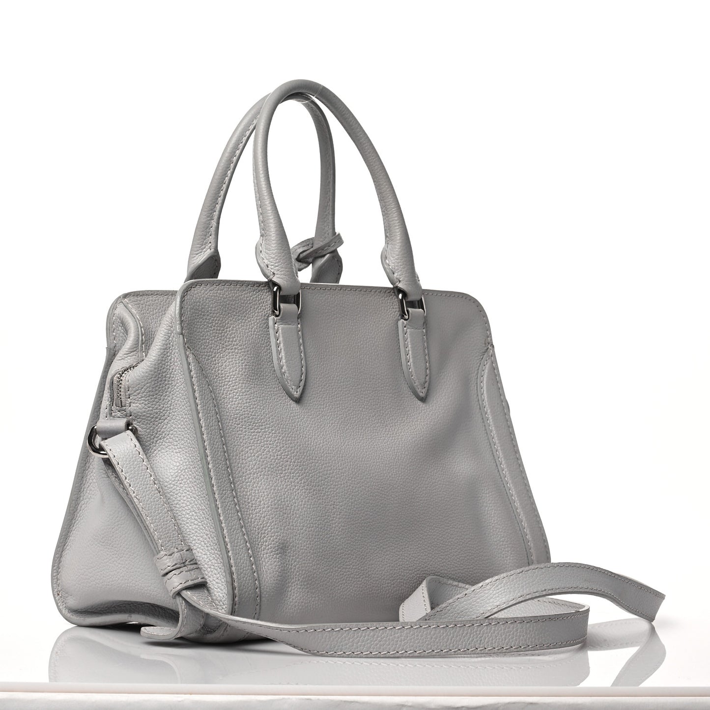Pebbled Calfskin Small Skull Padlock Zip Around Tote Light Grey