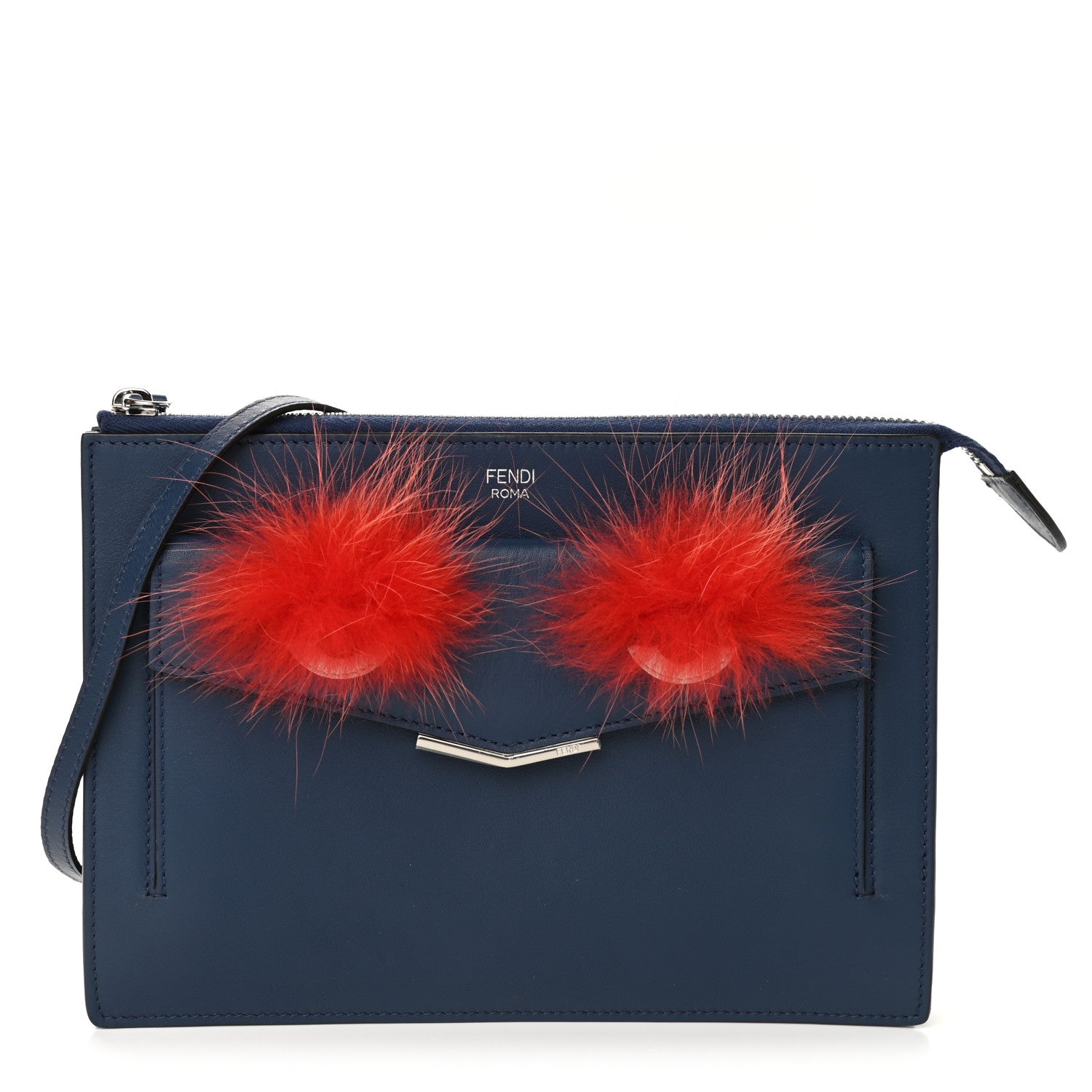 Fendi Vitello Dolce Fox Fur Monster Eyes Mini 2Jours Pouch Navy 1 of 9