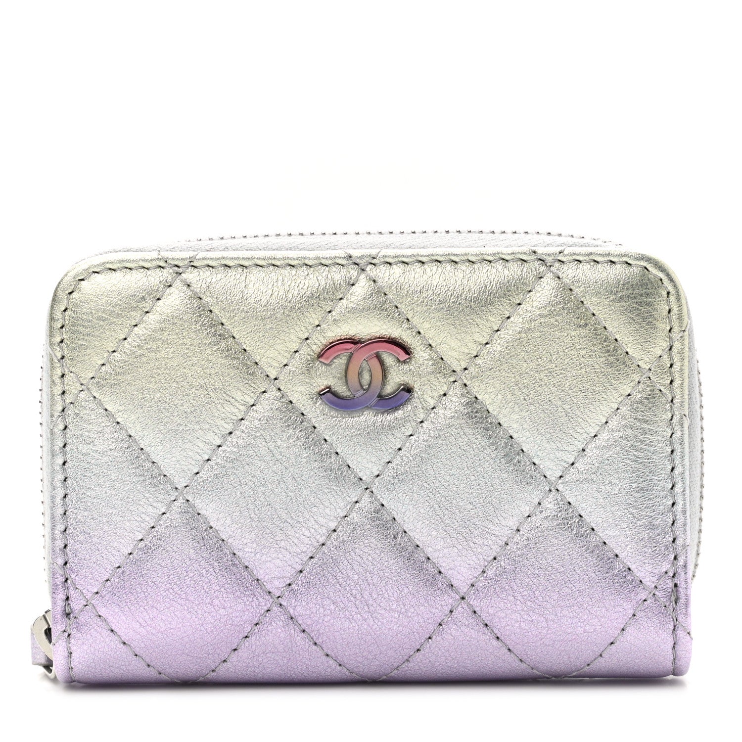 Chanel Gradient Metallic Calfskin Quilted Zip Around Coin Purse Wallet Silver Blue Yellow Purple 1 of 8