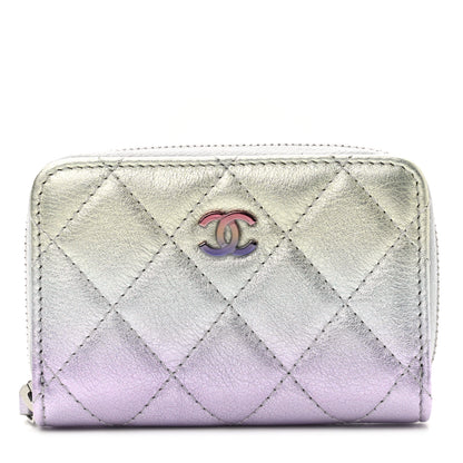 Chanel Gradient Metallic Calfskin Quilted Zip Around Coin Purse Wallet Silver Blue Yellow Purple 1 of 8